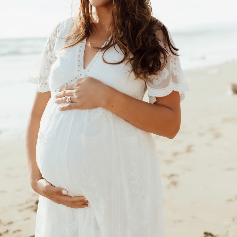 White Lace Mesh Overlay Maternity Maxi Dress